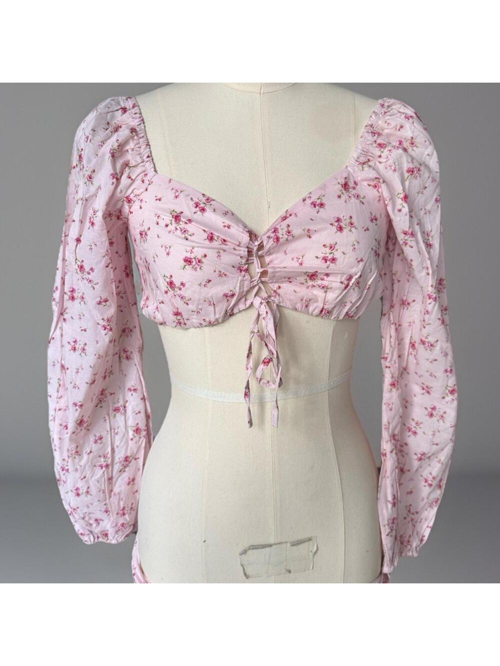 Cotton Cropped Top Blouse Long sleeve Forever 21 New No Tags Sz S Pink